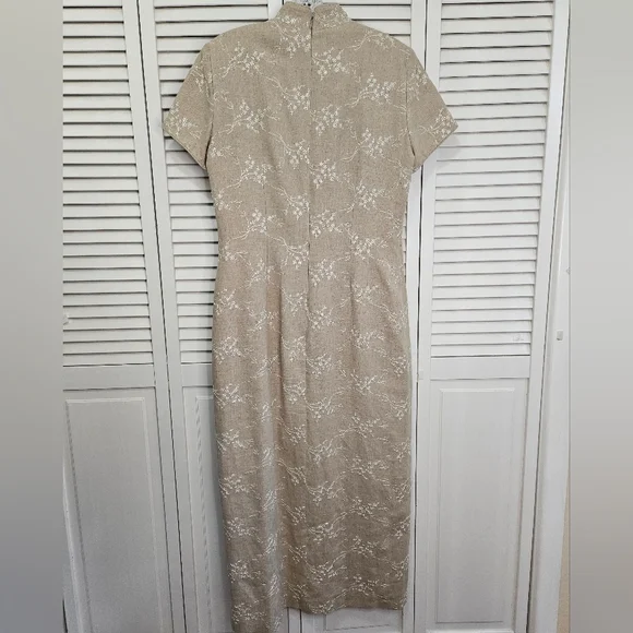 Elegant Tan Midi Dress with Floral Accents - Picture 7 of 12